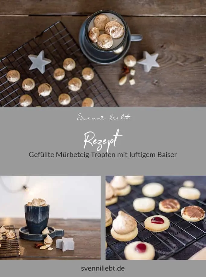 Merke dir das Rezept für gefüllte Mürbeteig-Tropfen mit luftigem Baiser auf Pinterest