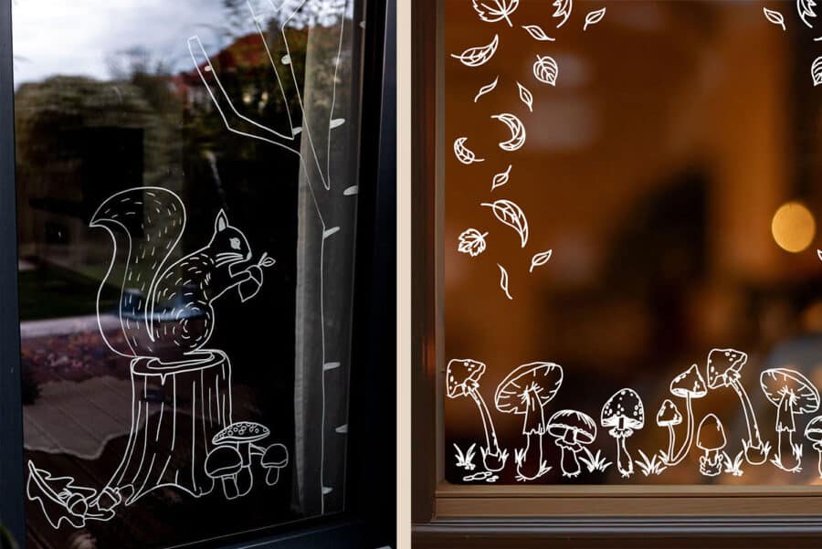 Fensterbilder im Herbst mit Kreidestift und Vorlage