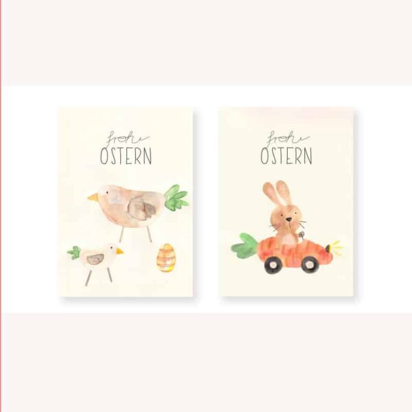  Osterkarten mit fröhlichen Aquarell-Motiven zum Ausdrucken Illustration 
