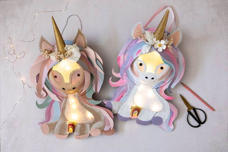 Einhorn Laterne basteln aus Papptellern mit Vorlage