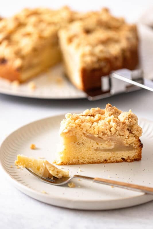 Omas Apfelkuchen mit Streusel: saftiges Rezept mit einfachem Rührteig 14 14 Kuchenstück vom Apfelkuchen mit Streuseln