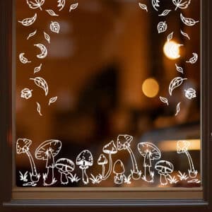Fensterbild Vorlage für Laub und Pilze mit dem Kreidestift malen
